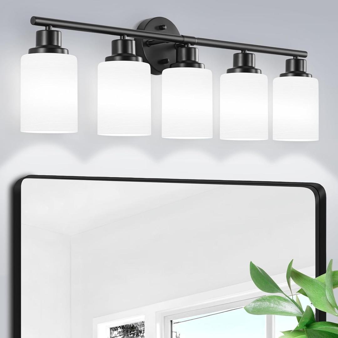 5-Light Bathroom Light Fixtures, E26 Base Vanity Lights for Mirror with Textured Milky White Glass Shade, Modern Kitchen Light Fixtures Wall Sconce Light - Black