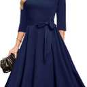 DRESSTELLS Women's Cocktail Dresses for Wedding Guest, Formal Tea Party Long Sleeve Dress Church Mother of the Bride Evening Gala 50S Vintage Modest A Line Fit and Flare Funreal, Navy L