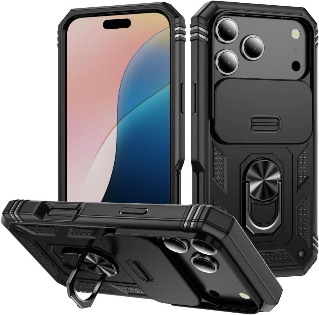 For iPhone 17 Pro Case with All-Angle Rotating Kickstand & Sliding Camera Cover - Heavy Duty Shockproof Protective Cover, Black