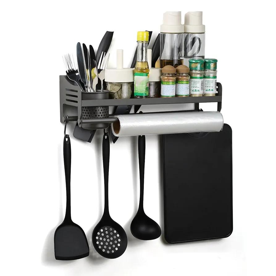 Wall Mounted Spice Rack, Hanging Spice Rack with Hooks - Kitchen Utensil Organizer for Spatulas, Spoons, And Seasoning Jars - Space Saving Solutions for the Kitchen (40CM)