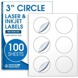 3" Circle Printable Labels Compatible with Inkjet and Laser Printers - 100 Sheets, 600 Matte White Round Stickers for Product Labeling, Organizing, and Custom Tags - Spartan Industrial Template C006