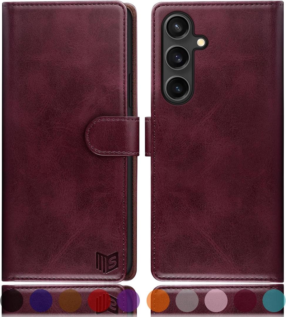 SUANPOT Compatible with Samsung Galaxy S25 Wallet case with RFID Blocking Credit Card Holder,Flip Book PU Leather Protective Cover Women Men for Samsung S25 Phone case Wine Red