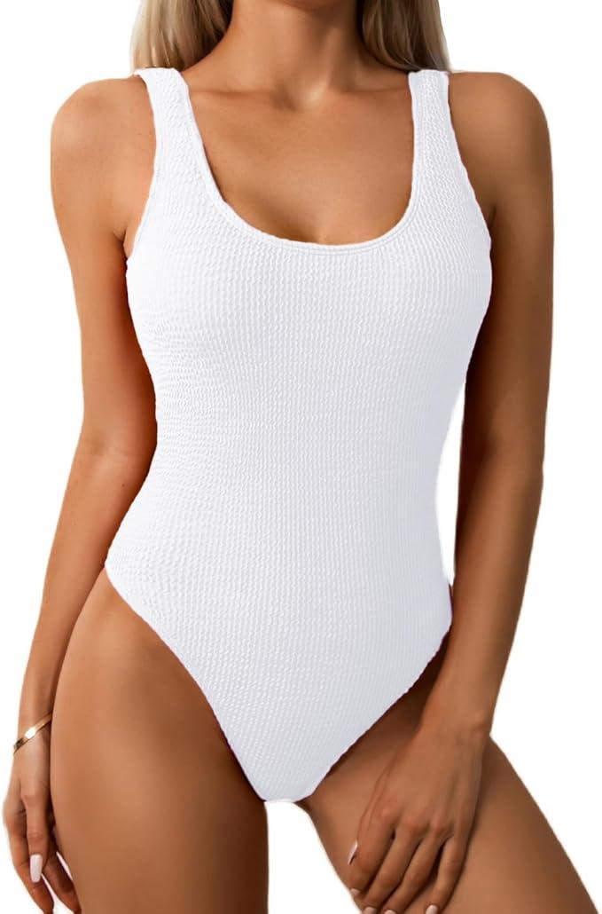 Limeeke Women One Piece Swimsuit Solid Ribbed Monokini Swimwear Scoop Neck Low Back Bathing Suit, M