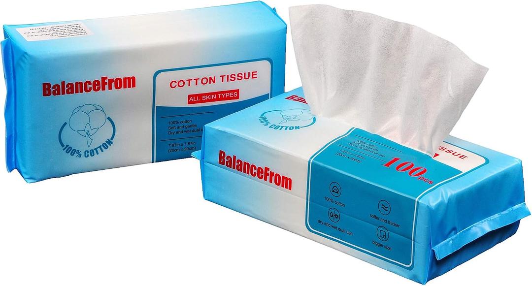 BalanceFrom Multi-Purpose 100% Unscented Cotton Tissue Soft Dry Facial Cotton Wipes for Sensitive Skin (Pack of 18)