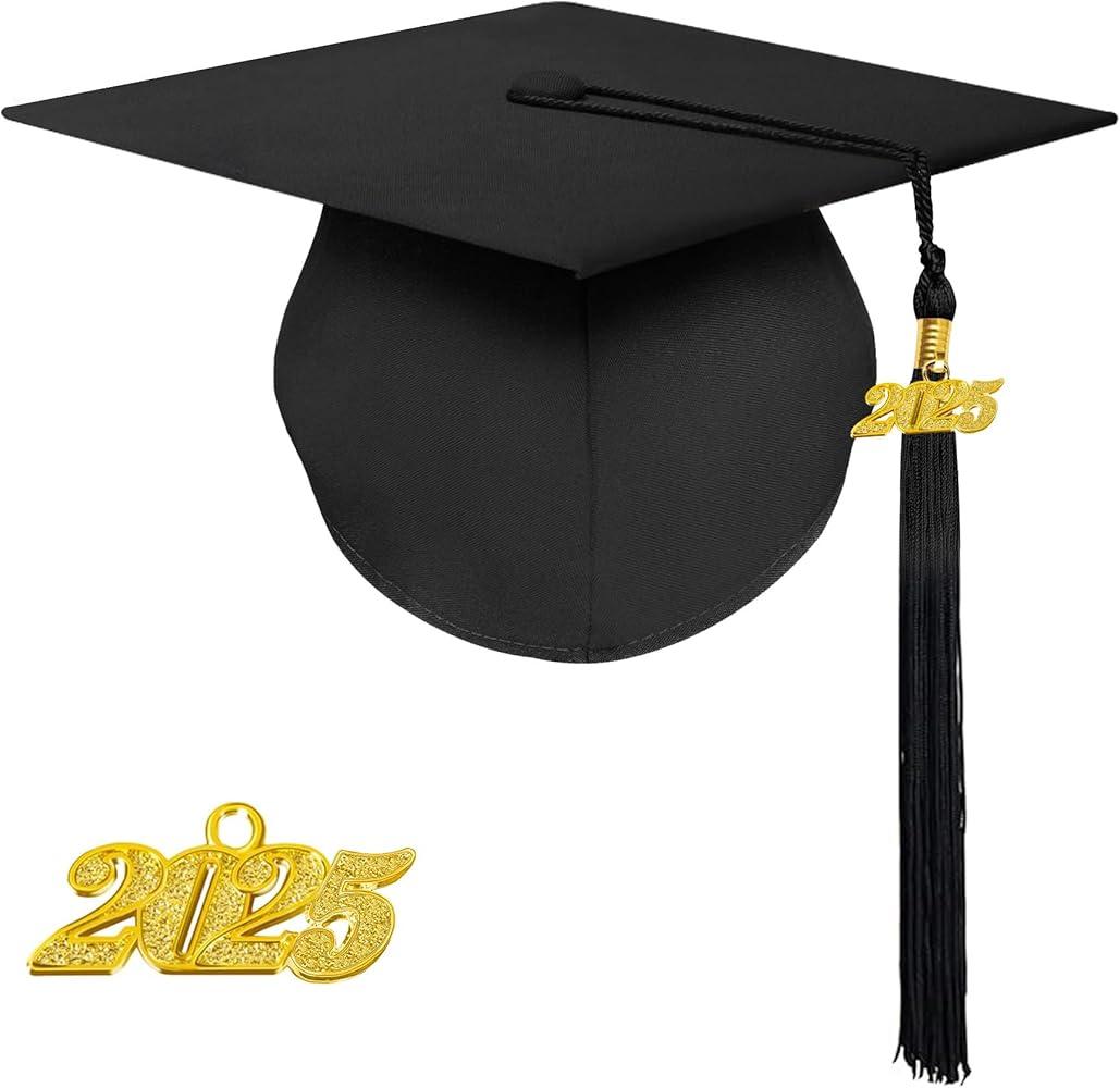 Unisex Adult Matte Graduation Cap with Tassel Year Charm 2025 (One Size, Black)