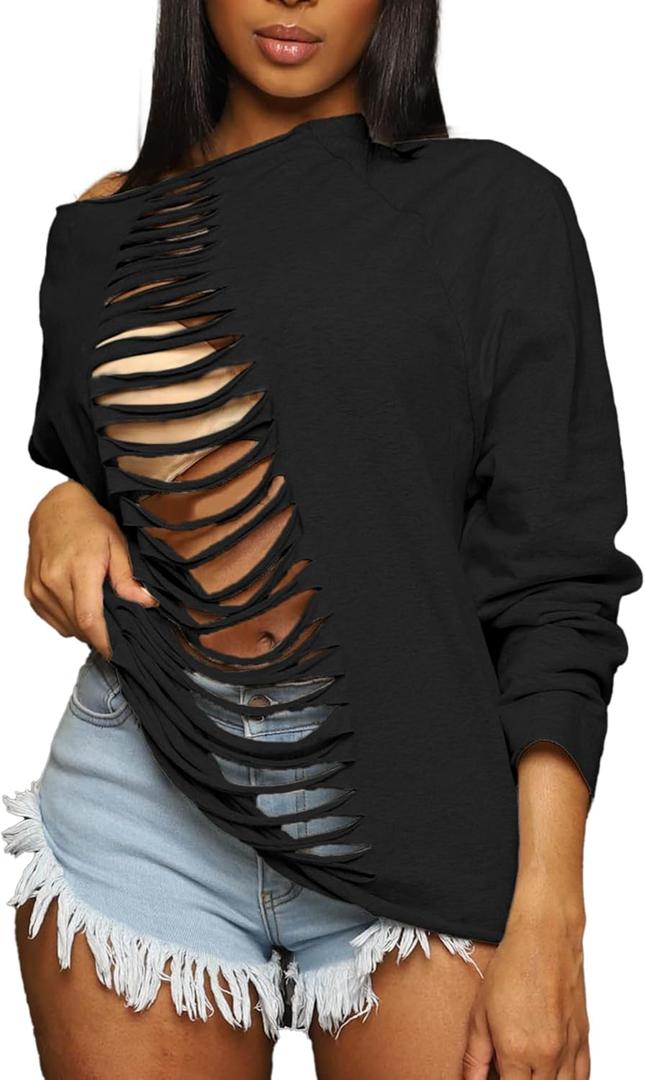 LovelyWholesale Women Off the Shoulder Sweatshirt Sexy Ripped Long Sleeve Shirts (Medium, Black)