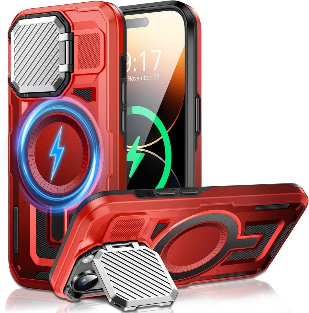 Camera Stand Case for iPhone 14 Pro, [Compatible with MagSafe] [Lens Cover] 2024 Version Military Grade Protective Soft Case for iPhone 14 Pro 6.1 inch Men Women, Red