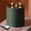 Green 3 Wick Flameless Candle with Remote, 6x6 inch Large Christmas LED Pillar Candle, Battery Operated Real Wax Flickering