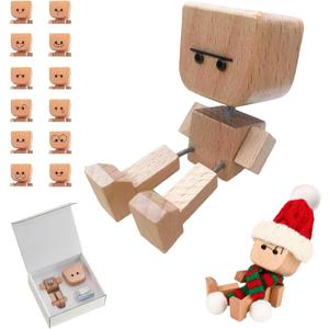IMOLL Shaking Wooden Man Figurine with 12pcs Magnetic Expressions,Handmade Shaking Feet Wooden Doll,Car Dashboard Desktop Decor Christmas Decor Home&Qffice Decor (with Knit Beanie Hat + Scarf)