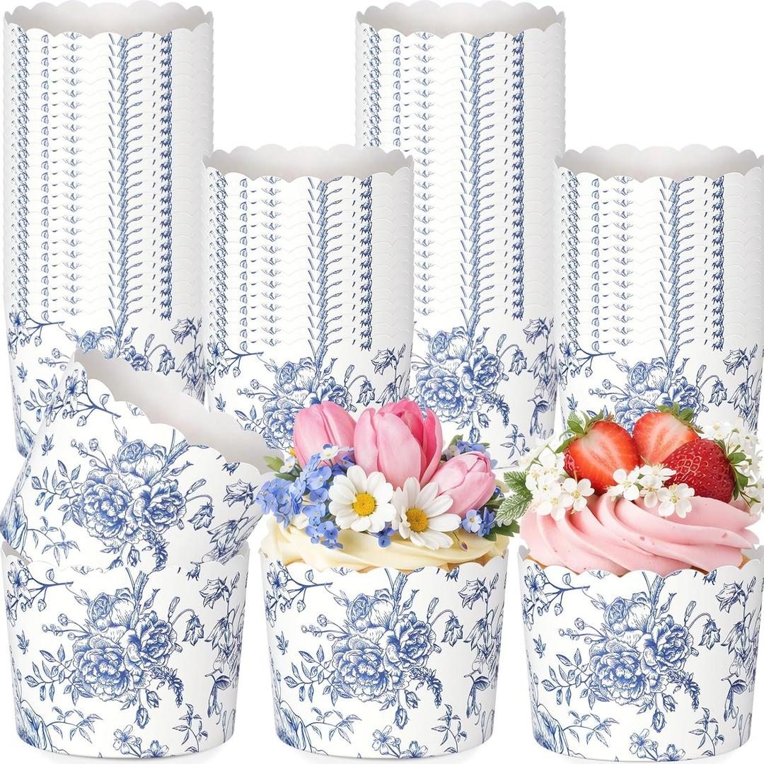 Funnymoom 100 Pcs Blue Floral Paper Baking Cups Blue White Wildflower Ice Cream Cup Disposable Cupcake Liners Wrappers Decorative Dessert Bowls for Food Baby Shower Wedding Birthday Party Supply