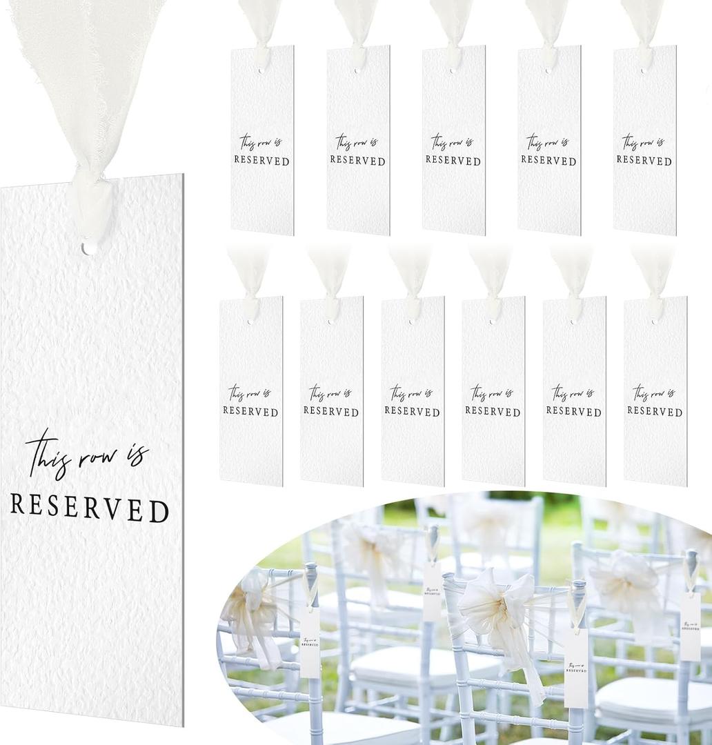 Clabby 12 Pack Reserved Chairs Hanging Signs with Ribbon for Wedding Reception Party Restaurant This Row Is Reserved Signs for Wedding Church Events Pews Chair(Light Nude)
