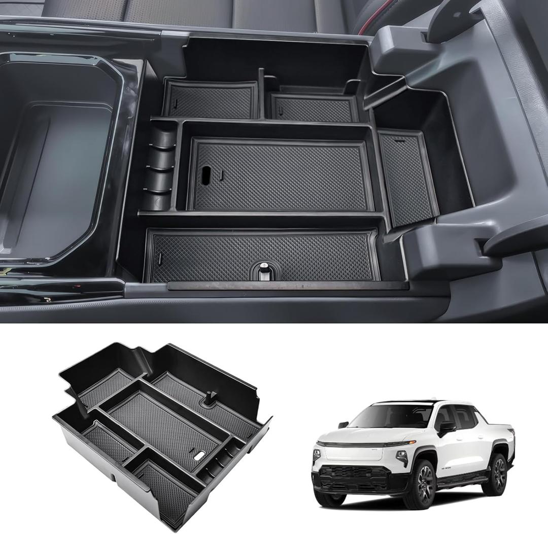 Center Console Organizer Compatible with 2024 2025 Chevy Silverado EV WT/RST/LT & GMC Sierra EV Accessories - Custom Fit Armrest Insert Tray with Dual-Layer Storage Sunglasses Coin Holder