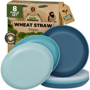 Grow Forward Premium Wheat Straw Plates - 8 Inch Reusable Hard Plastic Dinner Plates Set of 8 - Unbreakable Microwave Safe Plates for Dessert, Camping, RV, Outdoors, Patio, Kitchen Dishes - Seascape
