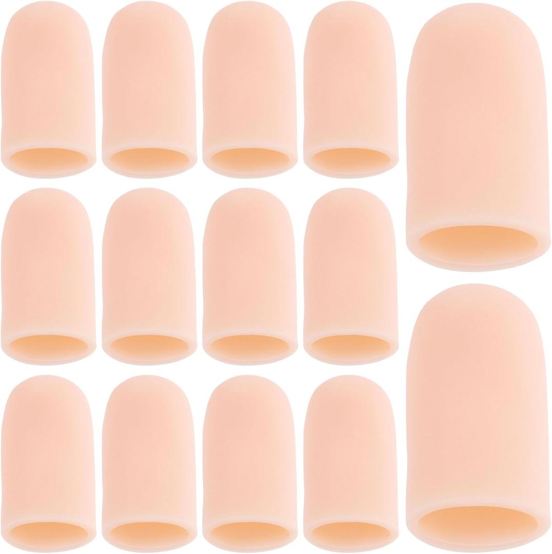 Joez Wonderful 14pcs Gel Finger Cots, Silicone Finger Protectors, Finger Caps Covers Finger Sleeves Fingertips Protection for Finger Cracking Blister (Beige, Small)