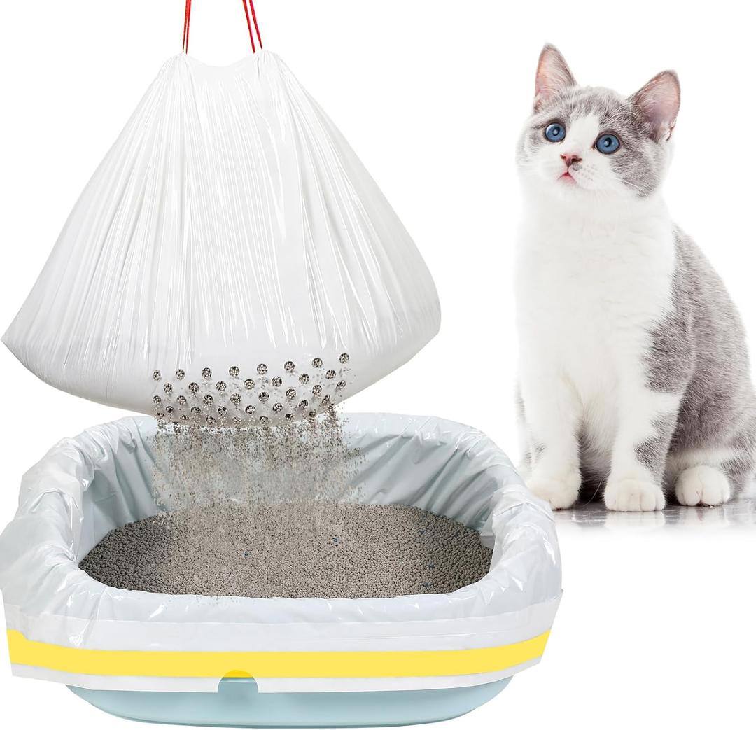 Jutom 14 Count Sifting Litter Box Liners, Drawstring Jumbo Sifting Cat Litter Bags with Holes, 31 x 18 Inch Portable Thick Scratch Resistant Drawstring Bags for Pet Cats