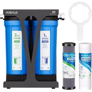 PUREPLUS RV Dual Stage Water Filter System with Grooved Sediment and Carbon Cartridges, NSF/ANSI 42 Certified, Stainless Steel 3/4" Fittings, Reduces Sediment, Chlorine, Odors and More