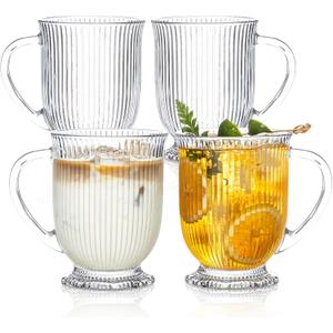 KEMORELA 4-Pack Ribbed Glass Coffee Mugs with Handle, Clear Large Coffee Mug 16 Oz With Handles for Hot Beverages, Durable Tea & Espresso Cups, Stylish Drinkware Set