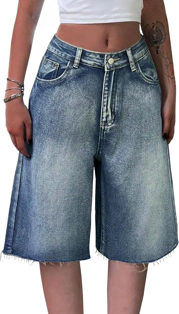 EMMIOL Women Jorts Baggy Jeans Jorts Outfits Mid-Low Waisted Denim Y2K Shorts Summer Hot Short Pants Streetwear (Medium, Blue-144)