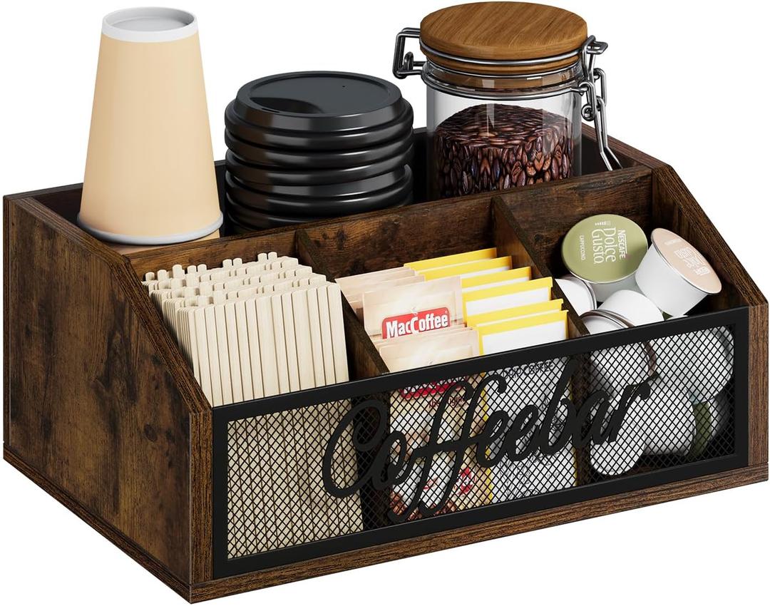 YINMIT Coffee Station Organizer for Countertop, Wood Coffee Bar Organizer with Removable Dividers for Pods, Syrup, Cups, Stirrer, Tea - Office Coffee Bar Accessories, Iron Mesh-Vintage Brown
