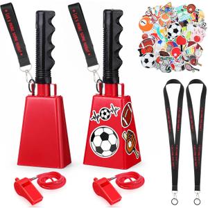 Treela 2 Pack 10 Inch Cowbells with Handle, Loud Noise Makers for Sporting Events Football Games, Complete Cheering Kit with 50 Stickers, Whistles & Straps for Graduation Stadium(Red)