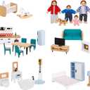 Wooden Dollhouse Furniture Set for Kids, 26 Pcs Dollhouse Accessories with 4 Family Dolls and Dog, Miniature Doll House Furniture Toys Pretend Play Set for G irls Boys Age 3+
