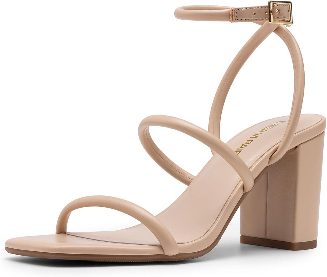 DREAM PAIRS Women Heels Chunky Square Open Toe Strappy Ankle Strap Block High Heeled Sandals for Dressy Wedding Comfortable Shoes (7.5, Nude)