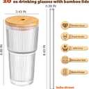 Dingerjar 20 oz Ribbed Glass Tumblers with Bamboo Lids and Straws, 2 Pcs Wide Mouth Thickened Vintage Glass Cup for Boba, Iced Coffee, Juice