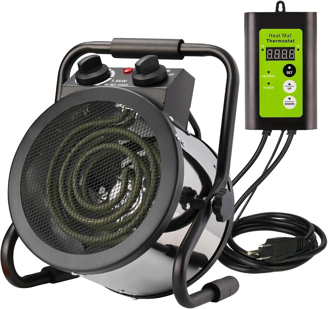 Greenhouse Heater with Digital Thermostat, Green House Heater for PlantsElectric Grow Tent Heaters, 1500W Fast Heating with Overheat Protection, Space Heater for Flower Room, Silvery