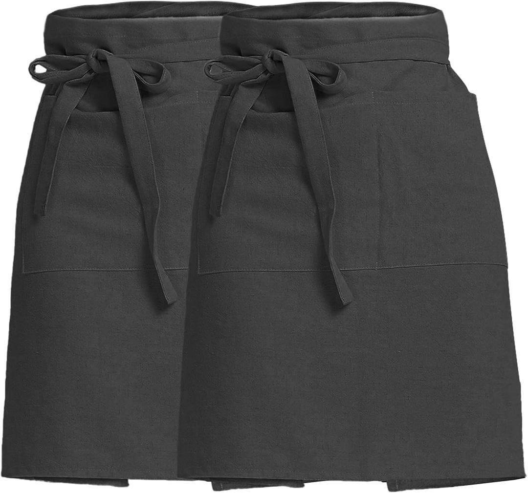 Half Apron for Women Men Cotton Linen with 2 Large Pockets Waist Short Bistro Server Aprons Waiter Waitress Unisex (Black, M)