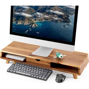 TINAMO Acacia Wood Monitor Stand with Drawer - Wooden Monitor Riser for Desk - Computer Monitor Stand for Desk - Multi-Purpose Desktop Storage Stand for Computer; Laptop; Printer; TV - 24.4 " x 8" x 5" (Patented)