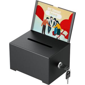 Uniclife Metal Donation Box for Fundraising, Suggestion Box with Slot and Lock, Black Ballot Boxes with Sign Holder, Storage Container for Voting Charity Tip Collection, 6.4" x 4.7" x 4"