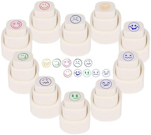 Emotion Face Planner Stamps Set of 10 - Button-Type Flash Stamps with Easy-Grip Stamper & Hang Rope for Journaling and Book Annotation