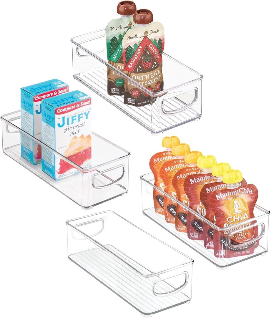 Mdesign Plastic Stackable Small Organizing Bin Kitchen Pantry Cabinet, Refrigerator, Freezer Food Organization Storage Bins with Handles, Drawer Container Organizer, Ligne Collection, 4 Pack - Clear