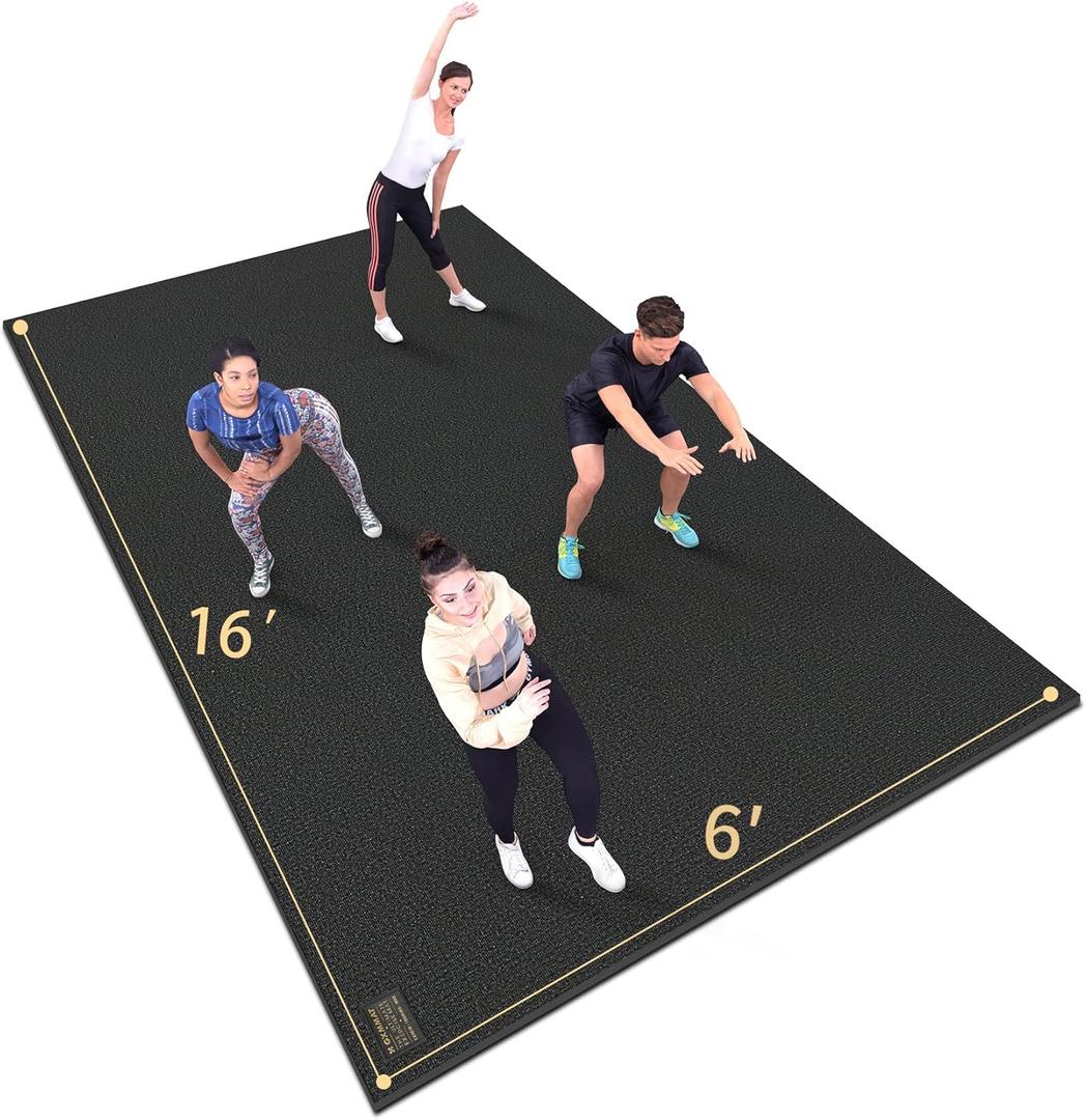 GXMMAT Extra Large Exercise Mat 16'x6'(7mm), Extra Wide Workout Mats for Home Gym Flooring, Non-Slip Thick Durable Cardio Mat for MMA,Plyo,Jump Rope,Weights,Fitness,Shoe-Friendly (Black Real)