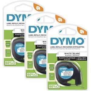 DYMO LT Plastic Labels for LetraTag Label Makers Black Print on White Labels 1/2" x 13-Foot Rolls 3 Count