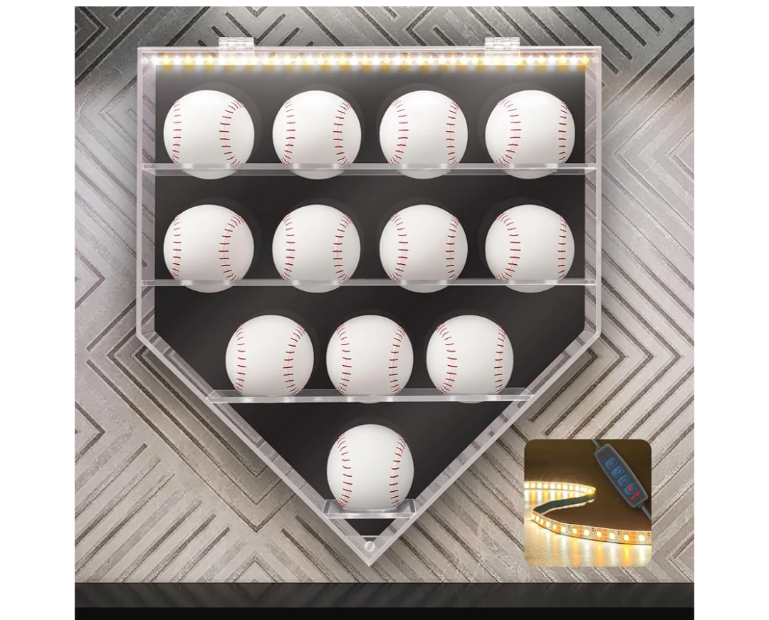 Acrylic Display Case for Baseball, Lighted Wall Mounted Shadow Box, LED Baseball Display Case Holder for Collectibles, UV Protected Memorabilia Autograph Display Box for 12 Balls, Black