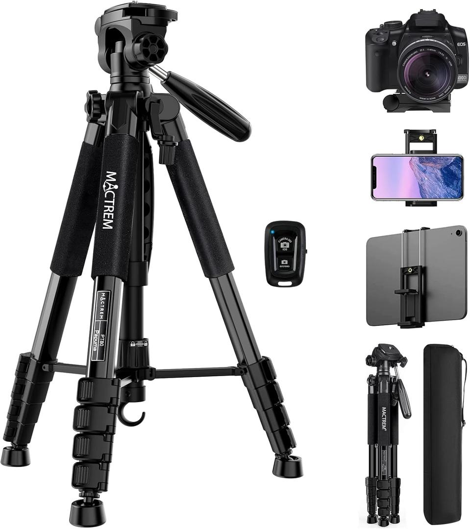 MACTREM 75 Inch Camera Tripod for Sony Canon Nikon, Lightweight Travel Video Aluminum Tripod Stand with Cell Phone Mount for iPad Phone (Black)