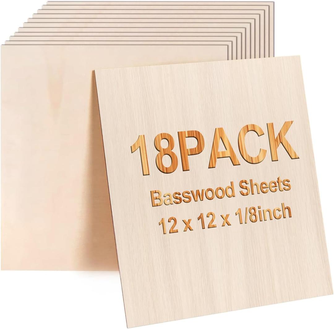 Basswood Sheets 12"x12"x1/8" 3mm 18 Packs Basswood Plywood Board Unfinished Wood Craft Wood for Wood Burning DIY Ornaments Models Drawing Painting Engraving Architectural Models Making