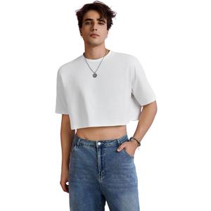 OYOANGLE Men's Half Sleeve Round Neck Drop Shoulder Cropped T Shirt Solid Summer Tee Tops, Small 