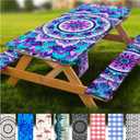 Fitted Picnic Table Cover with Bench Covers Vinyl Waterproof Elastic Edges Fitted Rectangle Tables Patio Tablecloth Camping Gear and Essentials Rv Accessories Road Trip Supplies Car Travel Must Haves