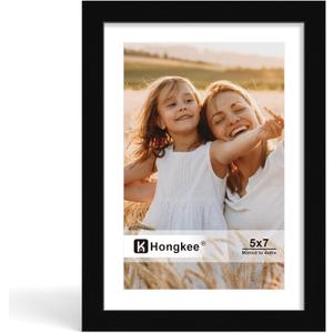 Hongkee 5x7 Picture Frame, Made of Solid Wood with Real Glass, Display Pictures 4x6 with Mat or 5 x 7 without Mat - Wall and Tabletop (Black, 1 Pack)