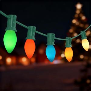 C7 Incandescent Christmas Lights Outdoor,Colored Christmas Tree Lights with 27 Glass 5w Bulbs(2 Spare),Vintage Xmas Lights Outdoor for Holiday/Paty/Patio/House Decor,E12 Base,Green Wire (Multicolor)