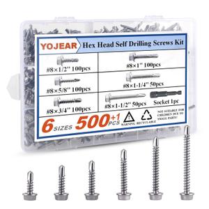 500+1PCS Self Tapping Screws for Metal,Stainless Steel Hex Head Sheet Metal Screws Assortment Kits for Wood, Metal & Furniture Repair, Includes 1/2", 1", 5/8", 1-1/4", 3/4" &1/2"