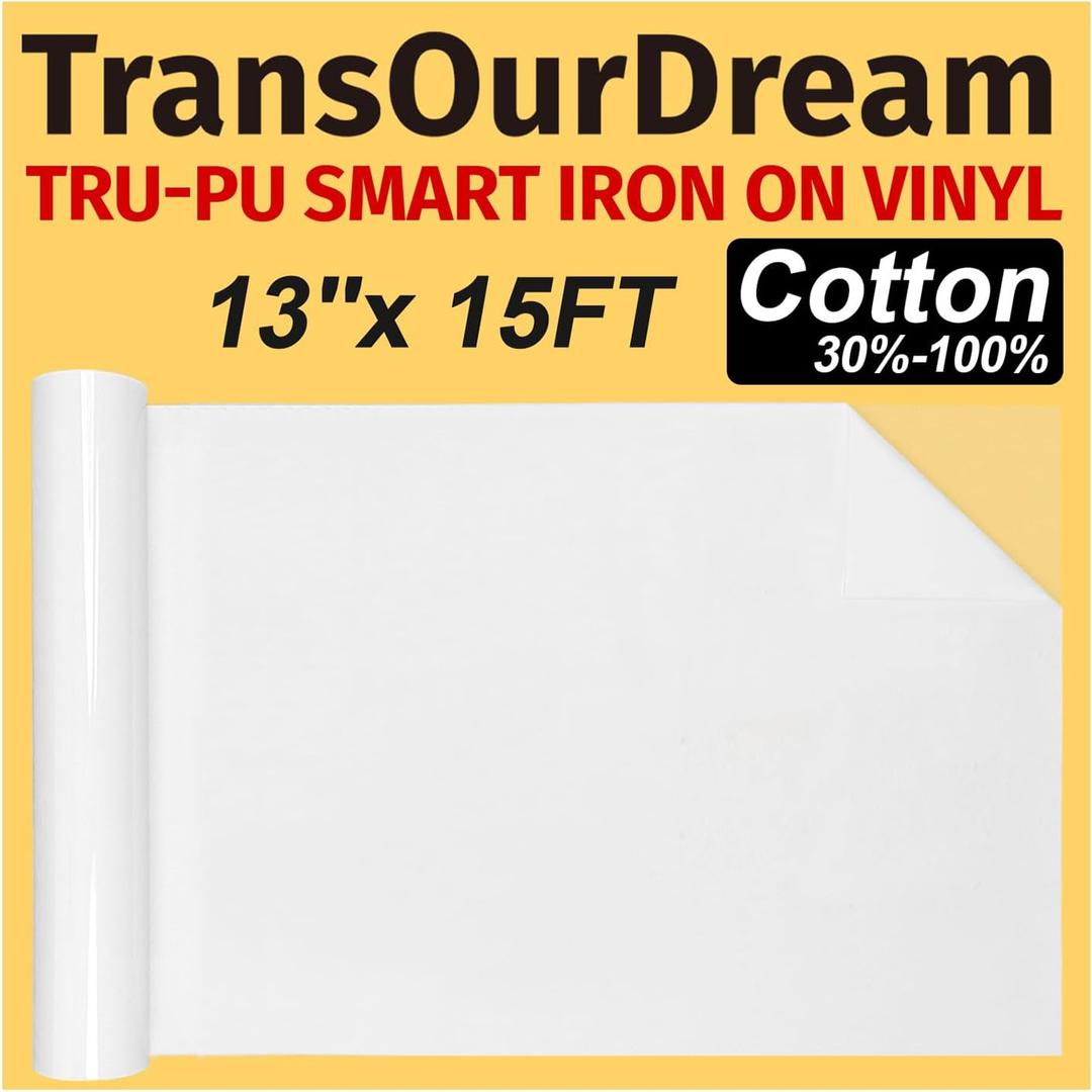 TransOurDream Tru-PU Smart Iron On Vinyl Roll 13in x 15ft for AIR 2, Explore 3, Maker 3, Cameo, Matless Cutting for Long cuts, Matte White Heat Transfer Vinyl for T-Shirts, Thinner, Soft