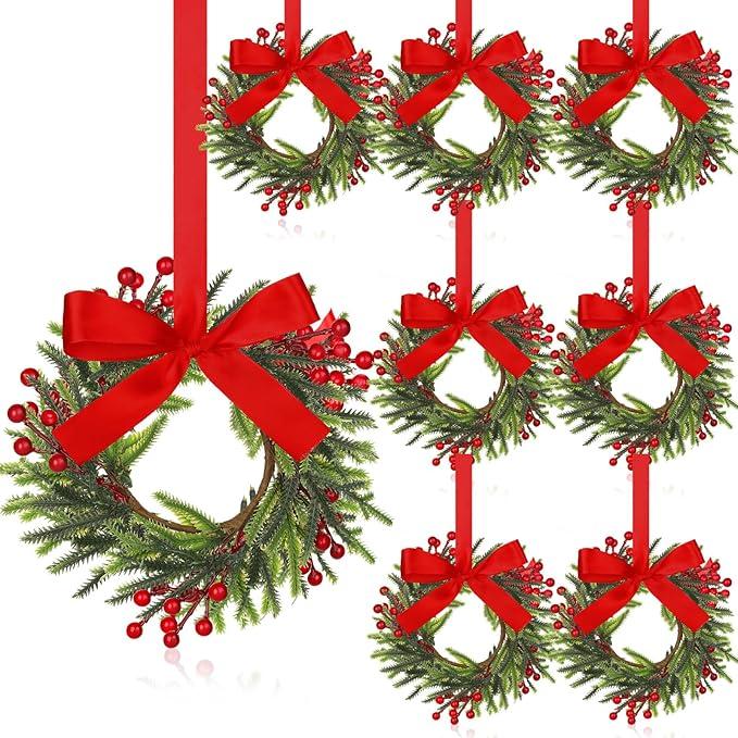 Dingion 8 Pcs 6 Inch Mini Cabinets Christmas Wreaths for Kitchen Mini Norfolk Wreath with Ribbon Bows and Berry Hanging Artificial Greenery for Farmhouse Door Wall Window Decor(Novel Style)