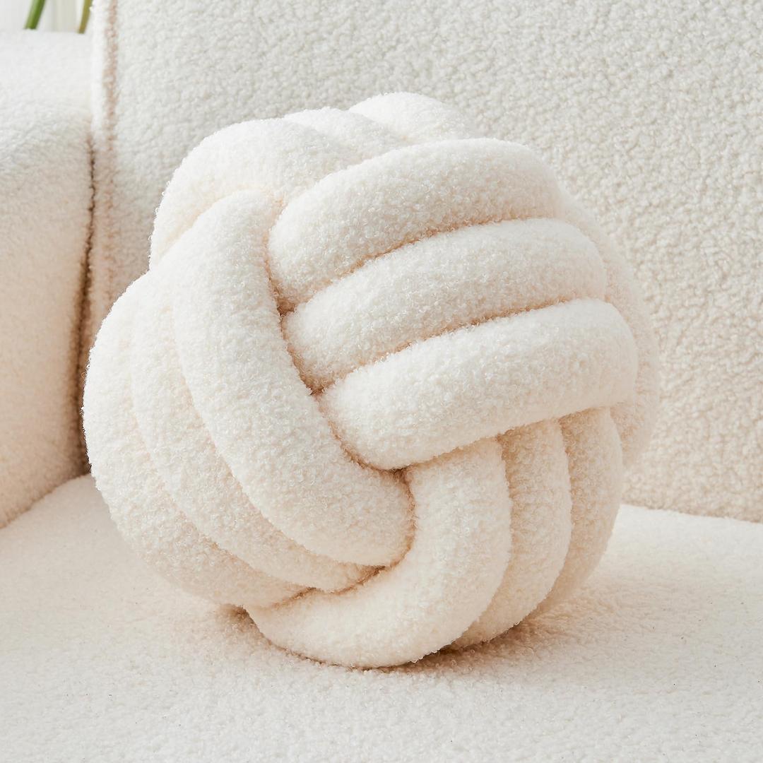 LUSJNGE Decorative Throw Knot Pillow Ball for Home Chair Sofa Couch Bed Aesthetic Round Decor Pillows Lambswool Knotted Pillow Cushion (Ivory White, 13inches)