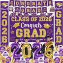 Graduation Decorations Class of 2026, Purple and Gold Graduation Decorations Include Grad Backdrop, Banner, Hanging Swirls, Porch Sign, Balloons for Congrats Grad Party Supplies