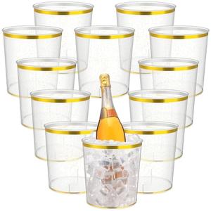 Acellegic Ice Buckets Bulk, 6 Liter Plastic Round Ice Buckets, Disposable Storage (Clear, Gold Rim and Glitter,12 Pcs)