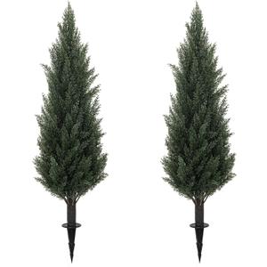 3FT Artificial Cedar Topiary Trees with Ground Spike, UV Resistant Faux Cypress Trees, Set of 2 Faux Plants Artificial Bushes for Indoor Outdoor Front Porch Garden (35 inch)