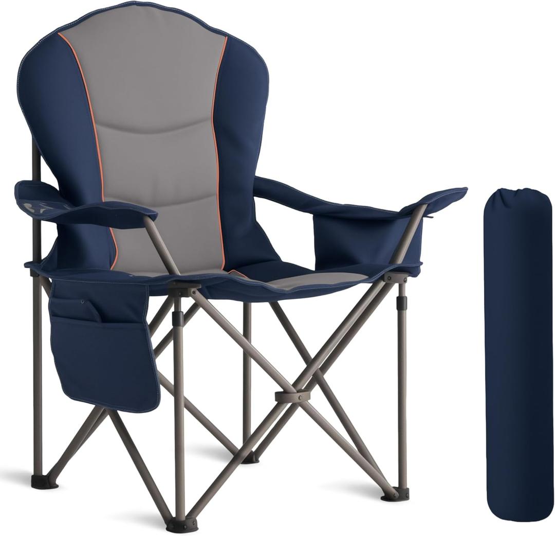 Oversized Camping Chair Heavy Duty 500LB - Portable Folding Chair with Cooler Bag, Cup Holder & Waterproof Phone Case for Adults, Beach, Hiking, Backyard (Blue & Gray) (Pack of 1 )